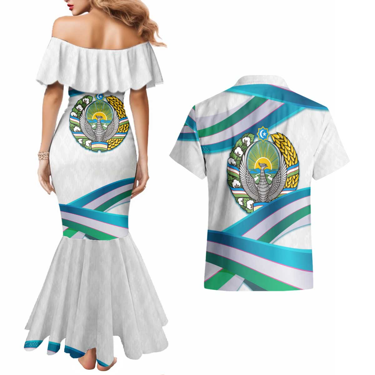 Uzbekistan Couples Matching Mermaid Dress and Hawaiian Shirt with Ribbon Wave Design - Wonder Print Shop