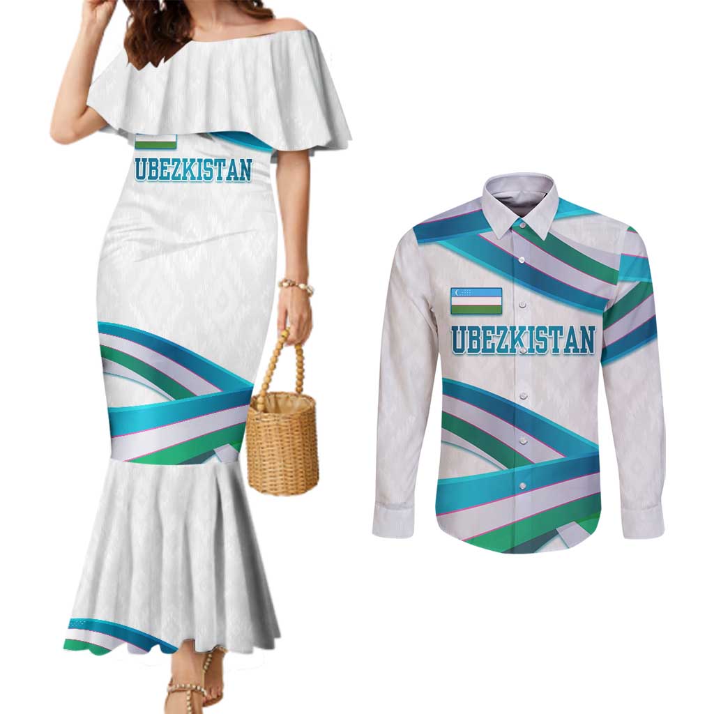 Uzbekistan Couples Matching Mermaid Dress and Long Sleeve Button Shirt with Ribbon Wave Design - Wonder Print Shop