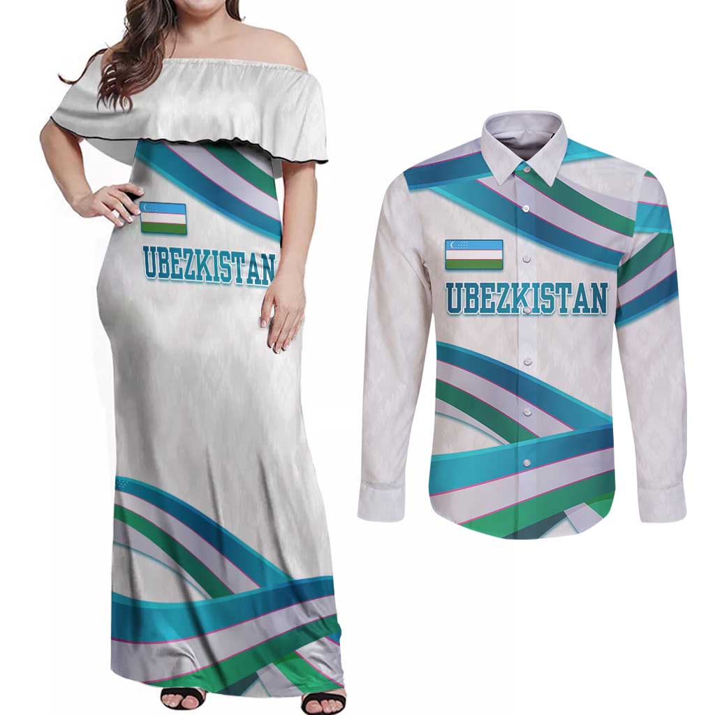 Uzbekistan Couples Matching Off Shoulder Maxi Dress and Long Sleeve Button Shirt with Ribbon Wave Design - Wonder Print Shop