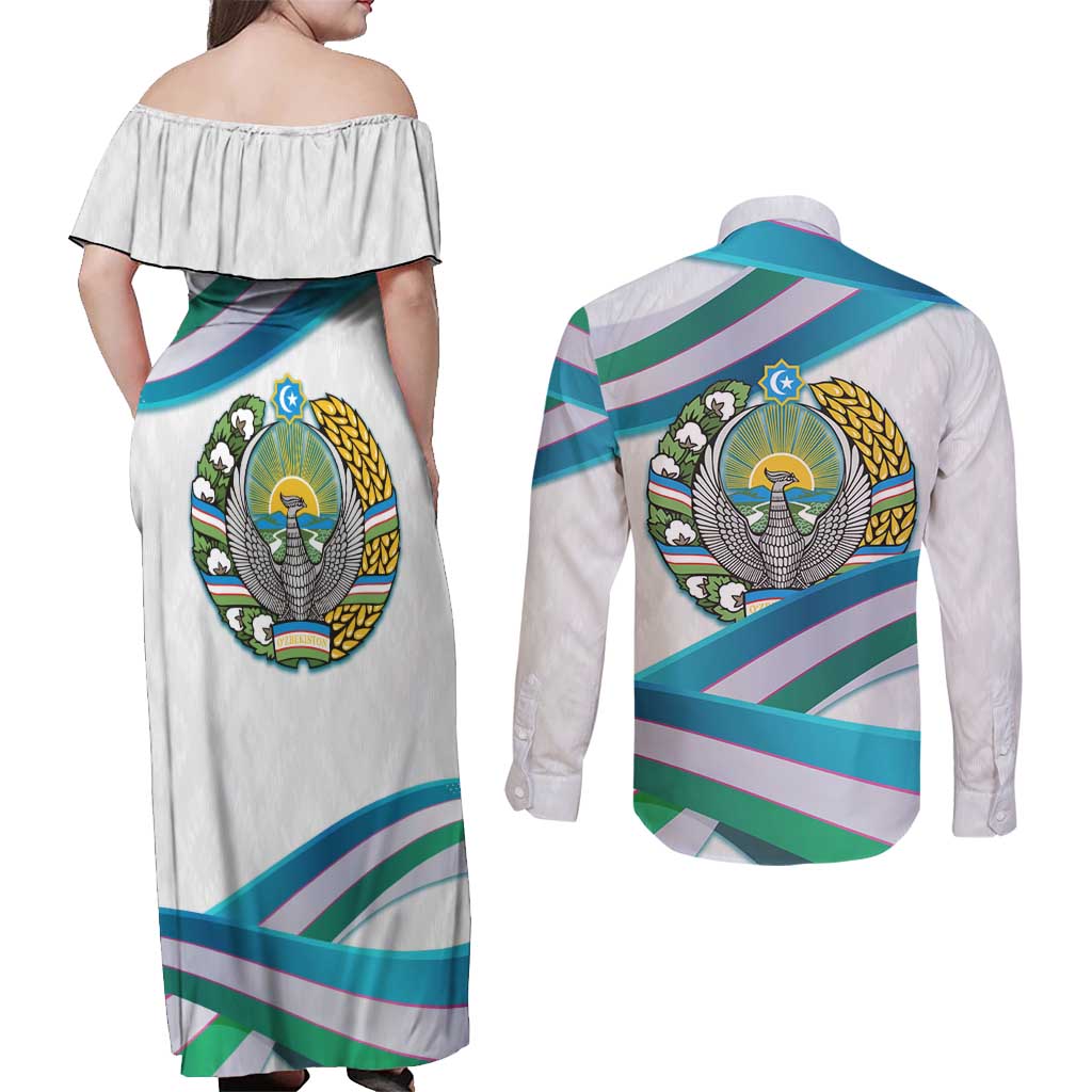 Uzbekistan Couples Matching Off Shoulder Maxi Dress and Long Sleeve Button Shirt with Ribbon Wave Design - Wonder Print Shop
