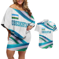 Uzbekistan Couples Matching Off Shoulder Short Dress and Hawaiian Shirt with Ribbon Wave Design - Wonder Print Shop