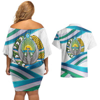 Uzbekistan Couples Matching Off Shoulder Short Dress and Hawaiian Shirt with Ribbon Wave Design - Wonder Print Shop