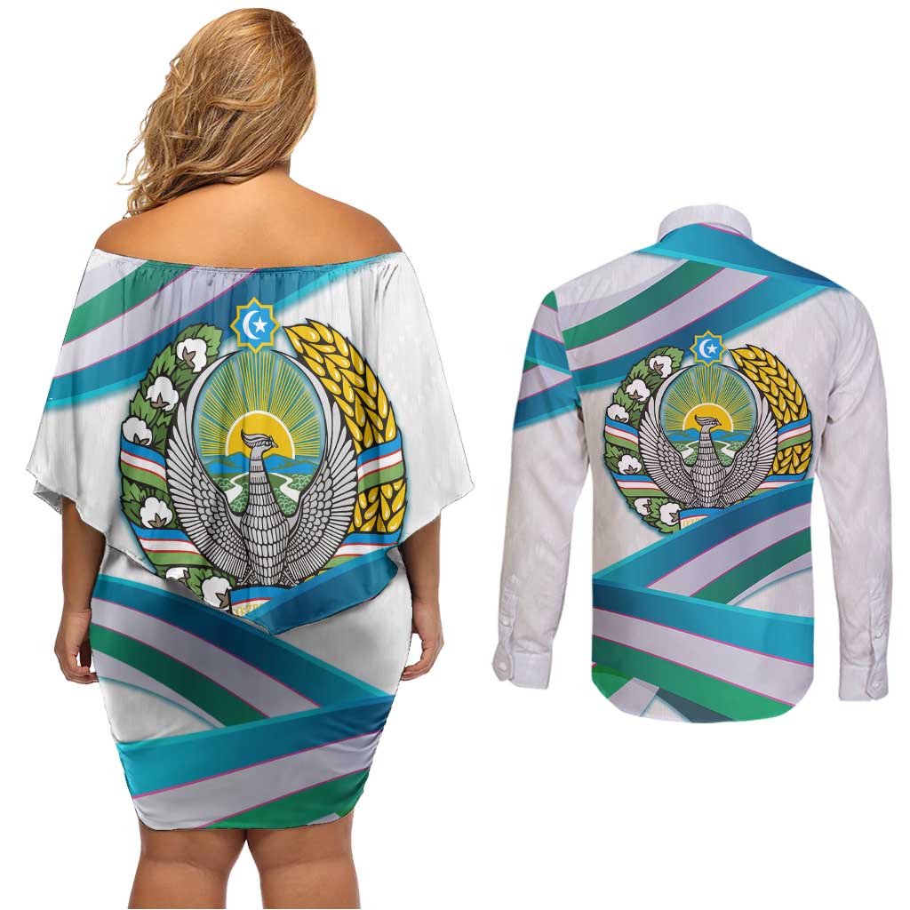 Uzbekistan Couples Matching Off Shoulder Short Dress and Long Sleeve Button Shirt with Ribbon Wave Design - Wonder Print Shop