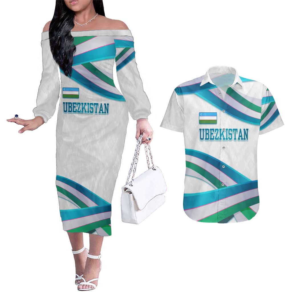 Uzbekistan Couples Matching Off The Shoulder Long Sleeve Dress and Hawaiian Shirt with Ribbon Wave Design - Wonder Print Shop