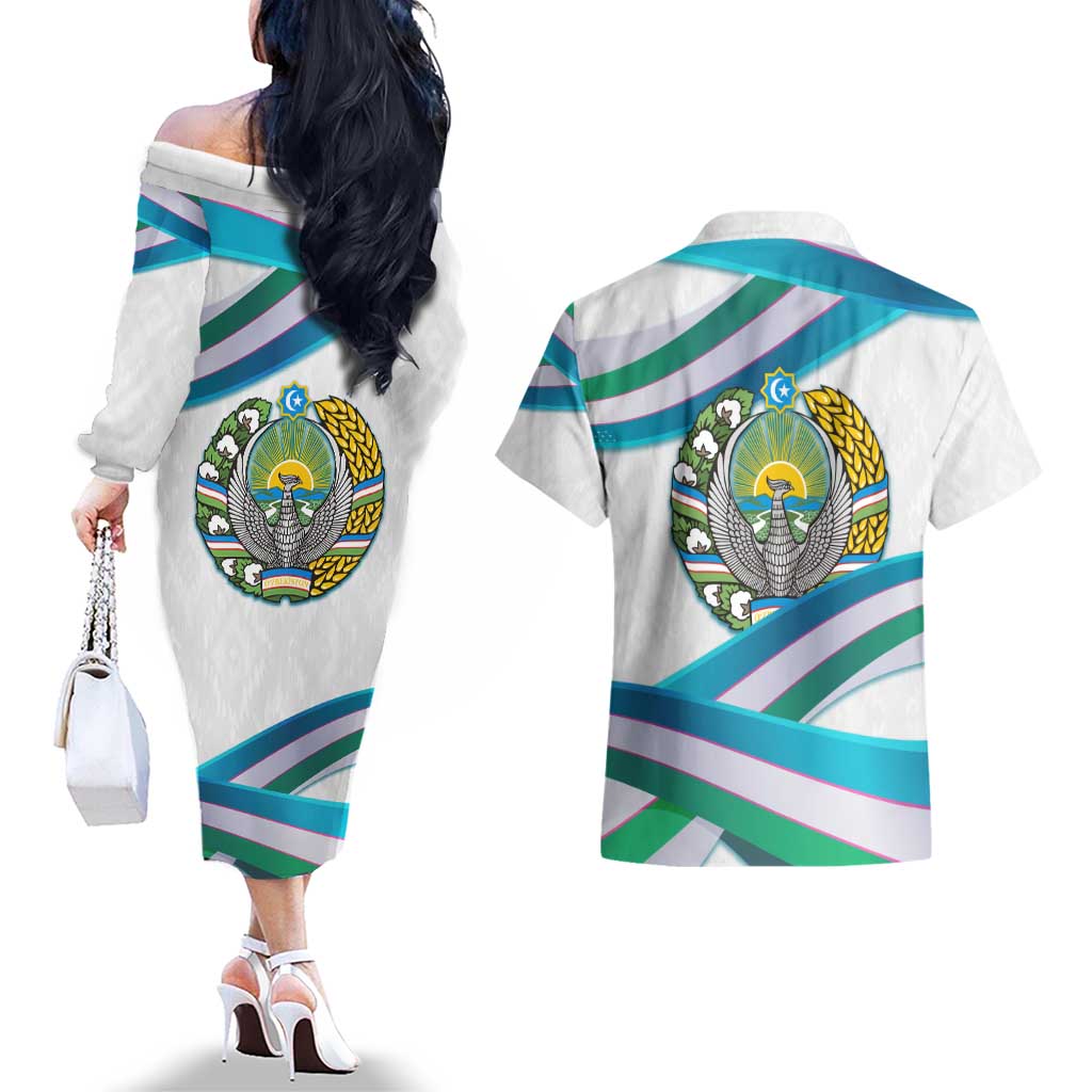 Uzbekistan Couples Matching Off The Shoulder Long Sleeve Dress and Hawaiian Shirt with Ribbon Wave Design - Wonder Print Shop