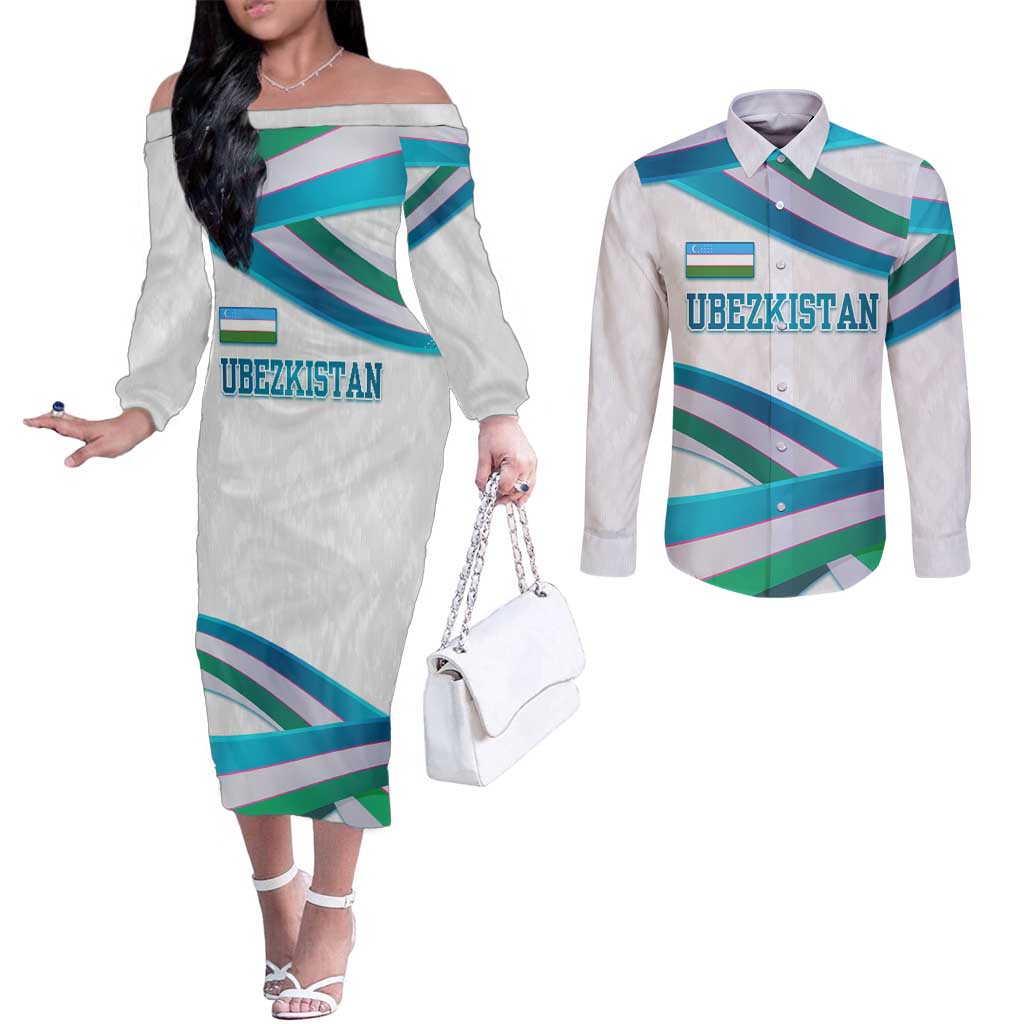 Uzbekistan Couples Matching Off The Shoulder Long Sleeve Dress and Long Sleeve Button Shirt with Ribbon Wave Design - Wonder Print Shop