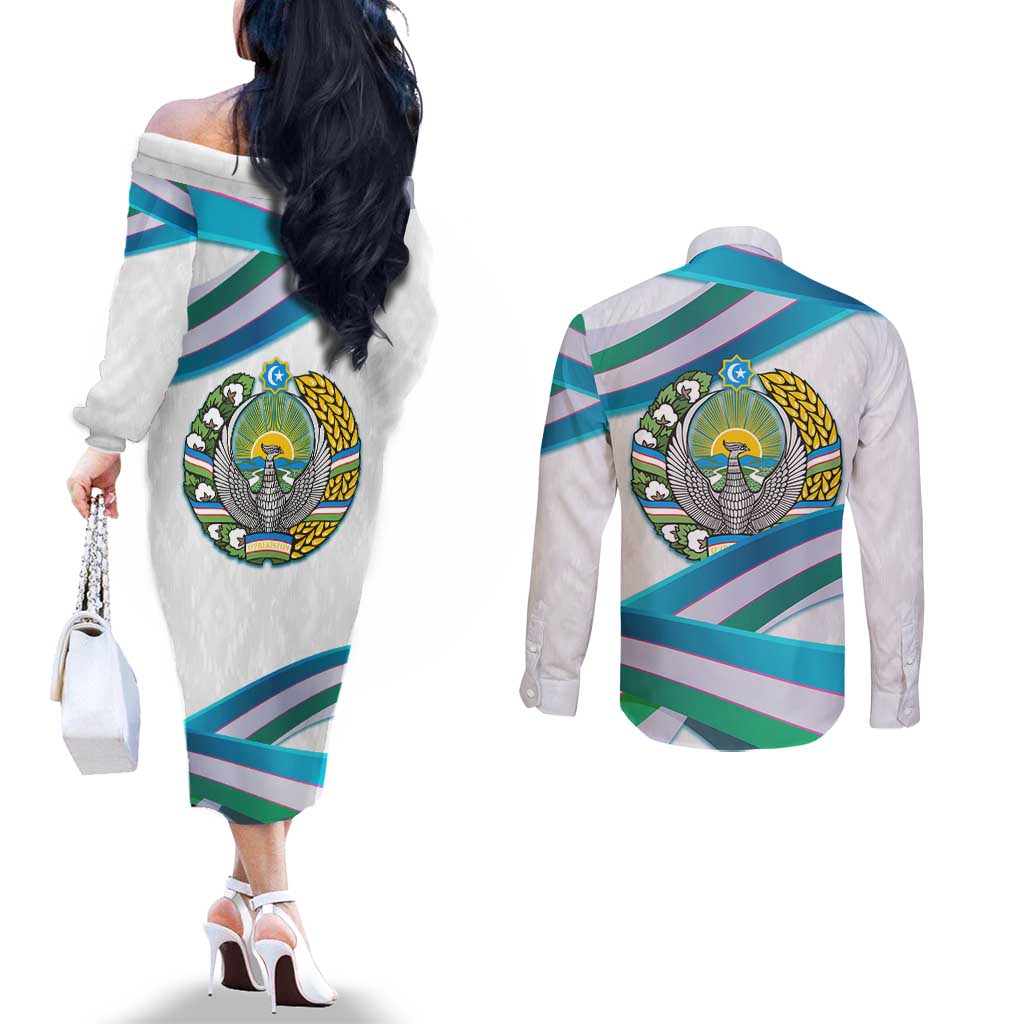 Uzbekistan Couples Matching Off The Shoulder Long Sleeve Dress and Long Sleeve Button Shirt with Ribbon Wave Design - Wonder Print Shop