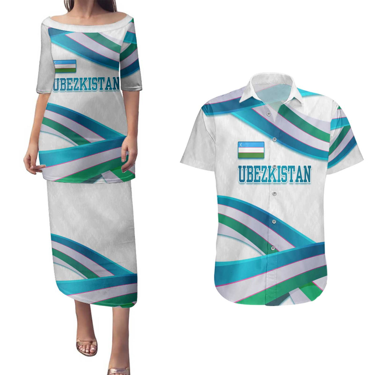 Uzbekistan Couples Matching Puletasi and Hawaiian Shirt with Ribbon Wave Design - Wonder Print Shop