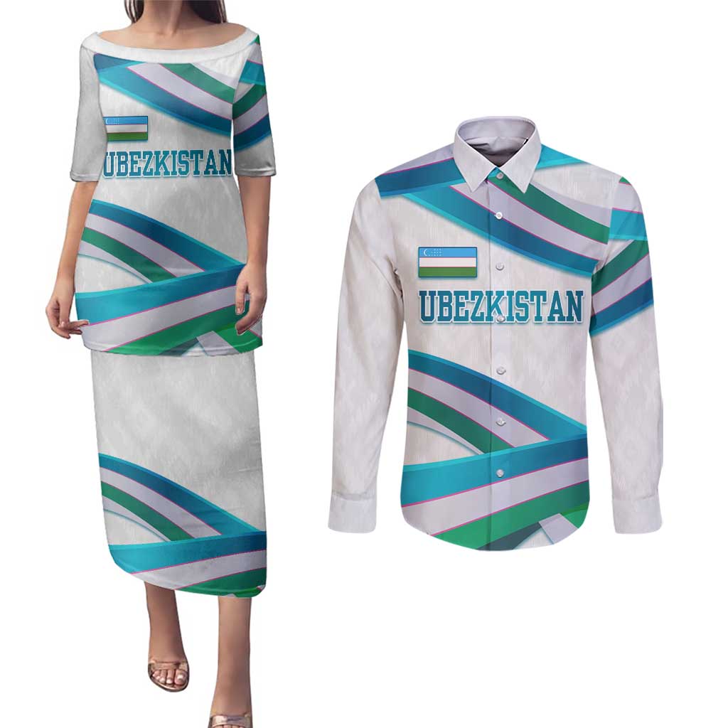Uzbekistan Couples Matching Puletasi and Long Sleeve Button Shirt with Ribbon Wave Design - Wonder Print Shop