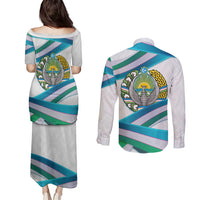 Uzbekistan Couples Matching Puletasi and Long Sleeve Button Shirt with Ribbon Wave Design - Wonder Print Shop