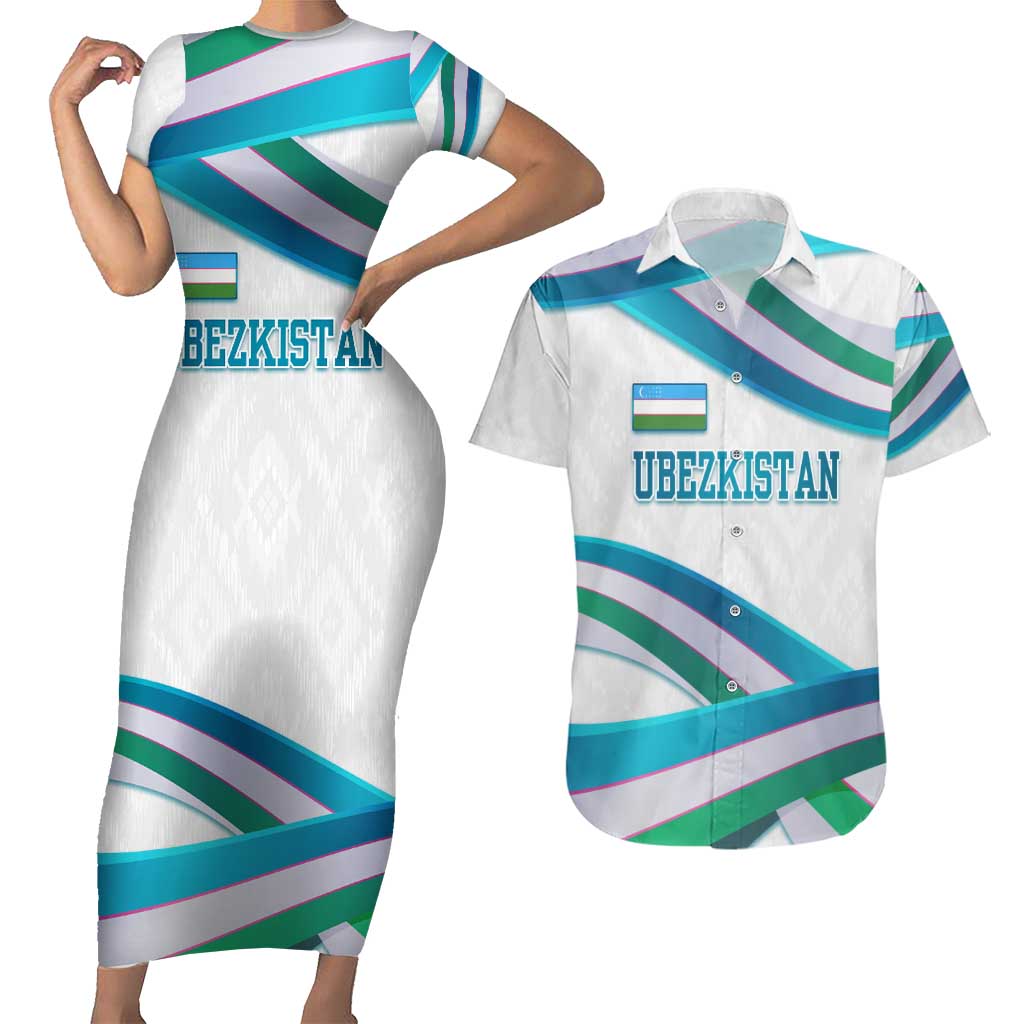 Uzbekistan Couples Matching Short Sleeve Bodycon Dress and Hawaiian Shirt with Ribbon Wave Design - Wonder Print Shop