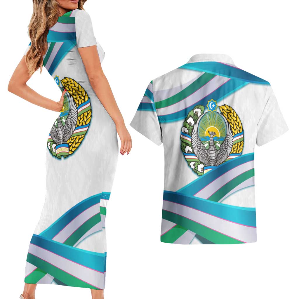 Uzbekistan Couples Matching Short Sleeve Bodycon Dress and Hawaiian Shirt with Ribbon Wave Design - Wonder Print Shop