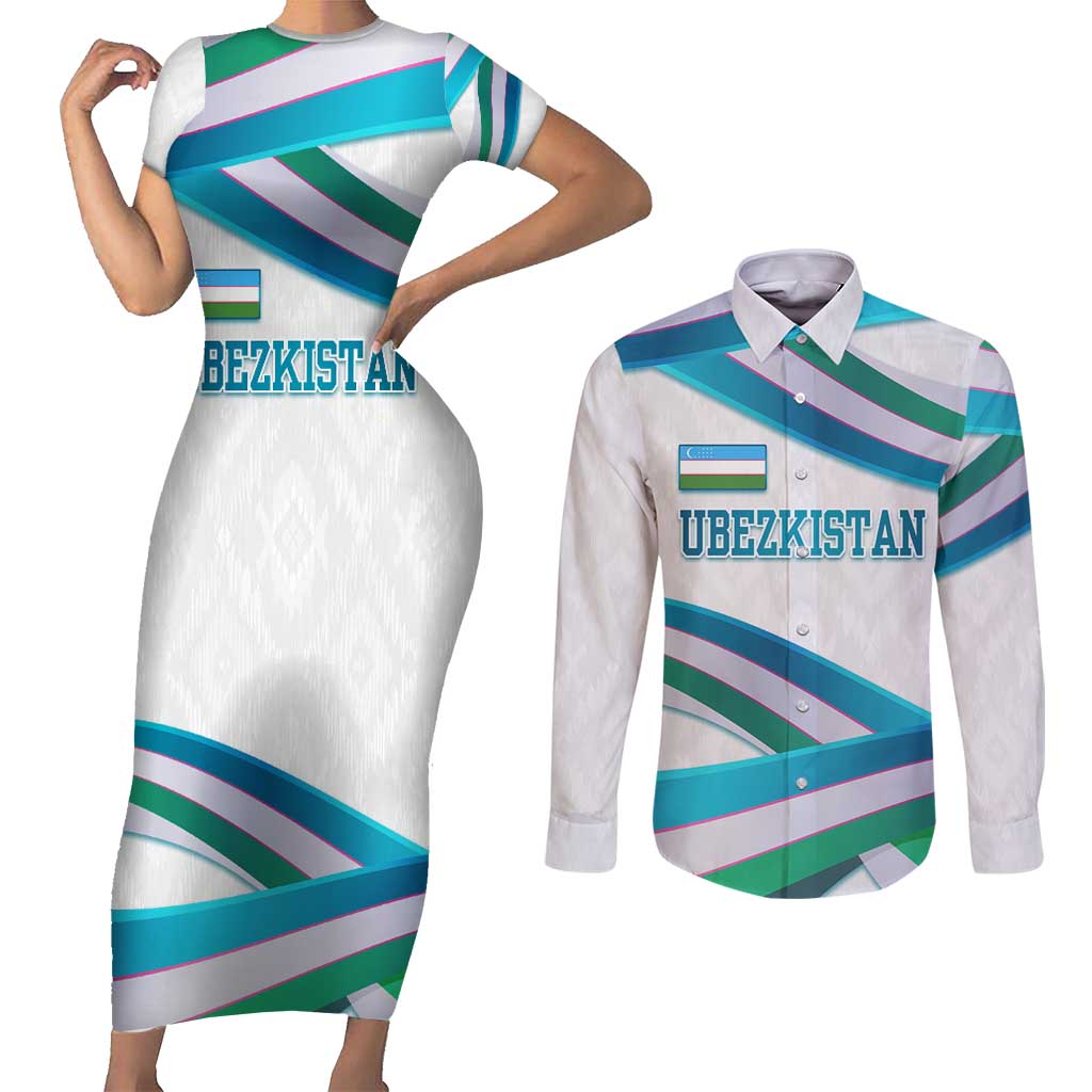 Uzbekistan Couples Matching Short Sleeve Bodycon Dress and Long Sleeve Button Shirt with Ribbon Wave Design - Wonder Print Shop