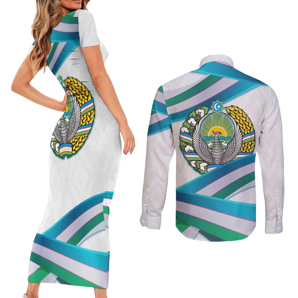 Uzbekistan Couples Matching Short Sleeve Bodycon Dress and Long Sleeve Button Shirt with Ribbon Wave Design - Wonder Print Shop