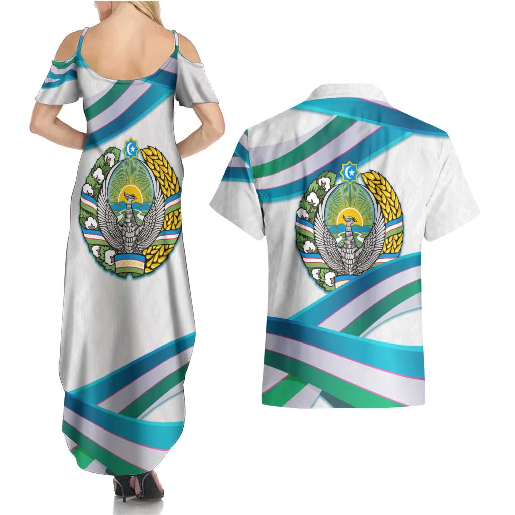 Uzbekistan Couples Matching Summer Maxi Dress and Hawaiian Shirt with Ribbon Wave Design - Wonder Print Shop