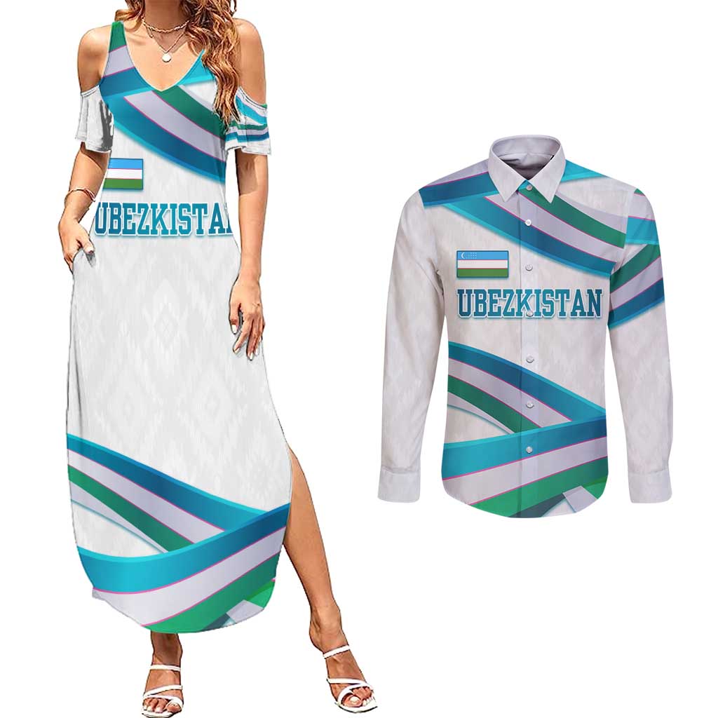 Uzbekistan Couples Matching Summer Maxi Dress and Long Sleeve Button Shirt with Ribbon Wave Design - Wonder Print Shop