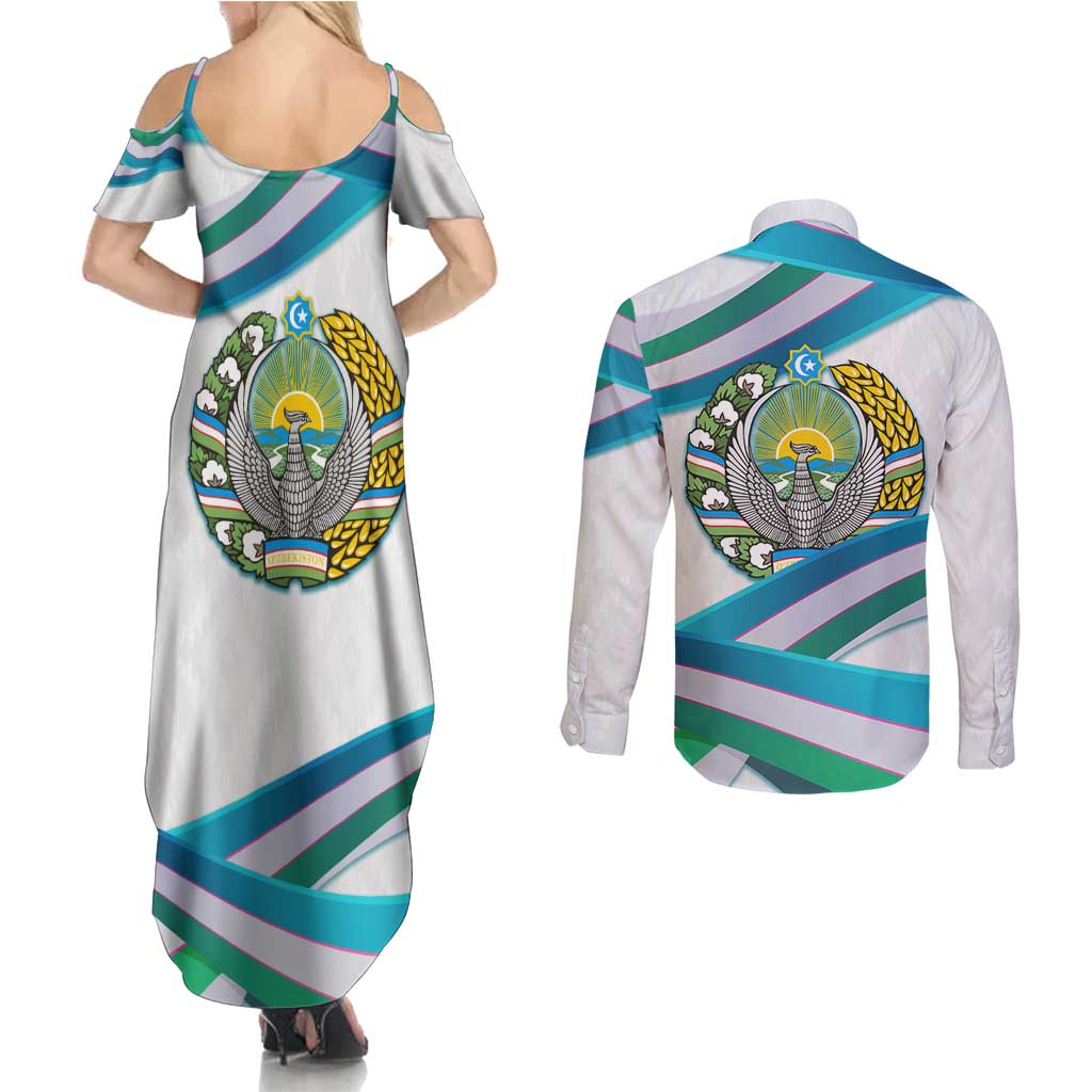 Uzbekistan Couples Matching Summer Maxi Dress and Long Sleeve Button Shirt with Ribbon Wave Design - Wonder Print Shop