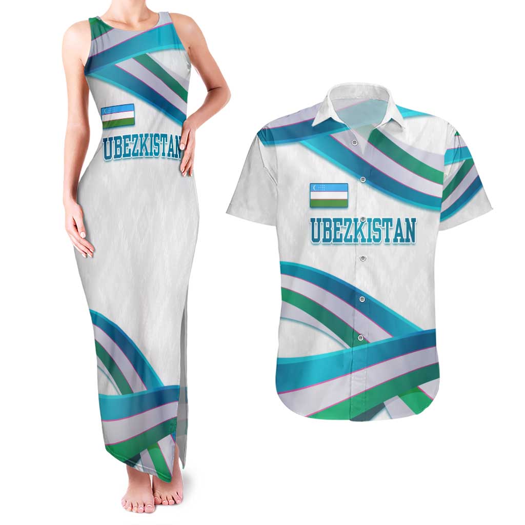 Uzbekistan Couples Matching Tank Maxi Dress and Hawaiian Shirt with Ribbon Wave Design - Wonder Print Shop
