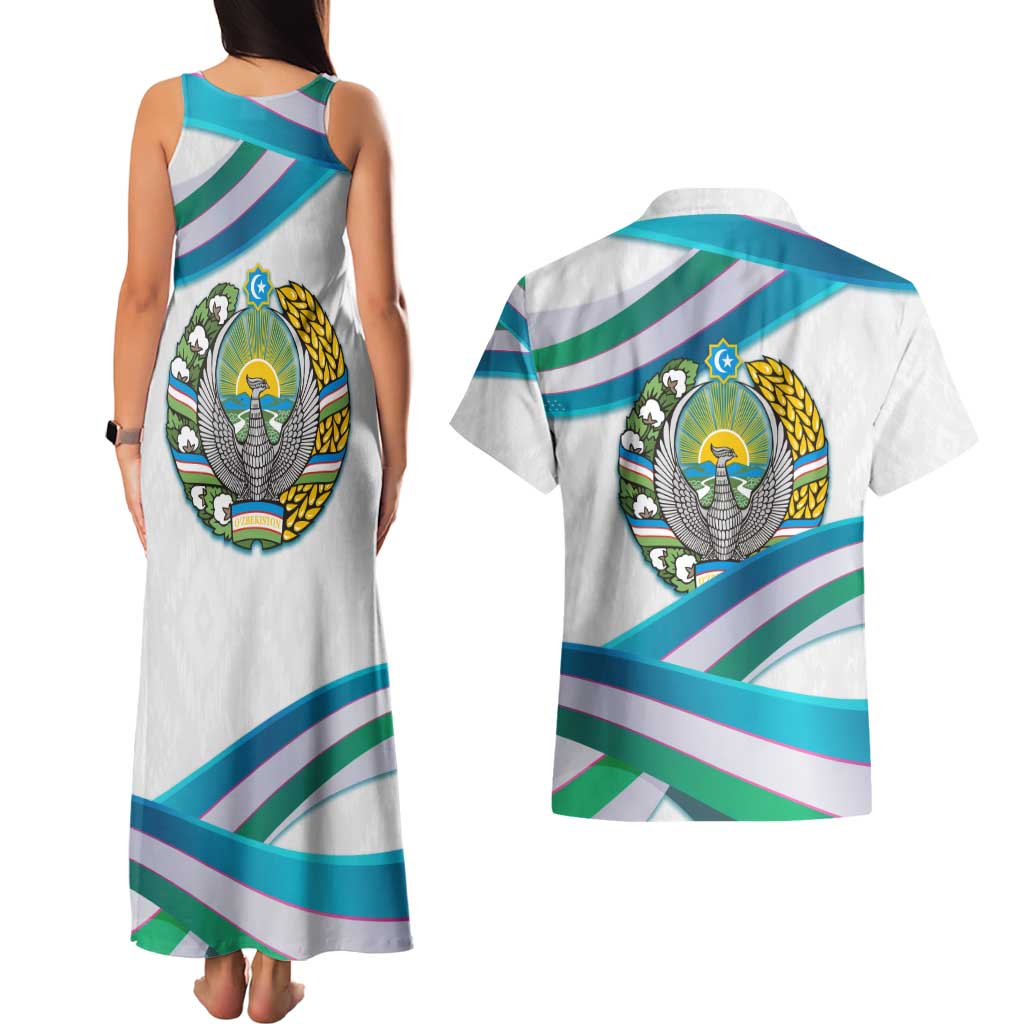 Uzbekistan Couples Matching Tank Maxi Dress and Hawaiian Shirt with Ribbon Wave Design - Wonder Print Shop