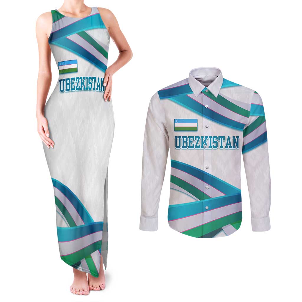 Uzbekistan Couples Matching Tank Maxi Dress and Long Sleeve Button Shirt with Ribbon Wave Design - Wonder Print Shop