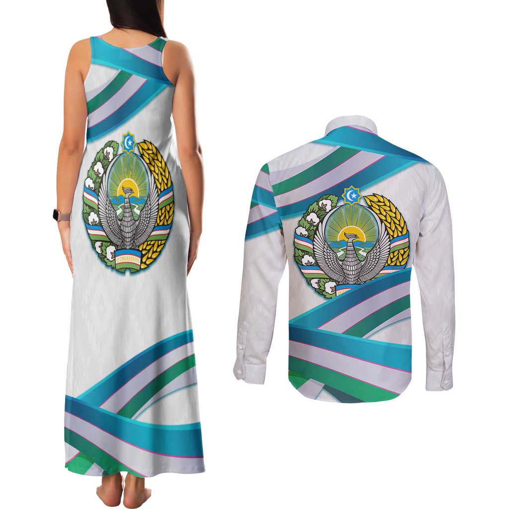Uzbekistan Couples Matching Tank Maxi Dress and Long Sleeve Button Shirt with Ribbon Wave Design - Wonder Print Shop