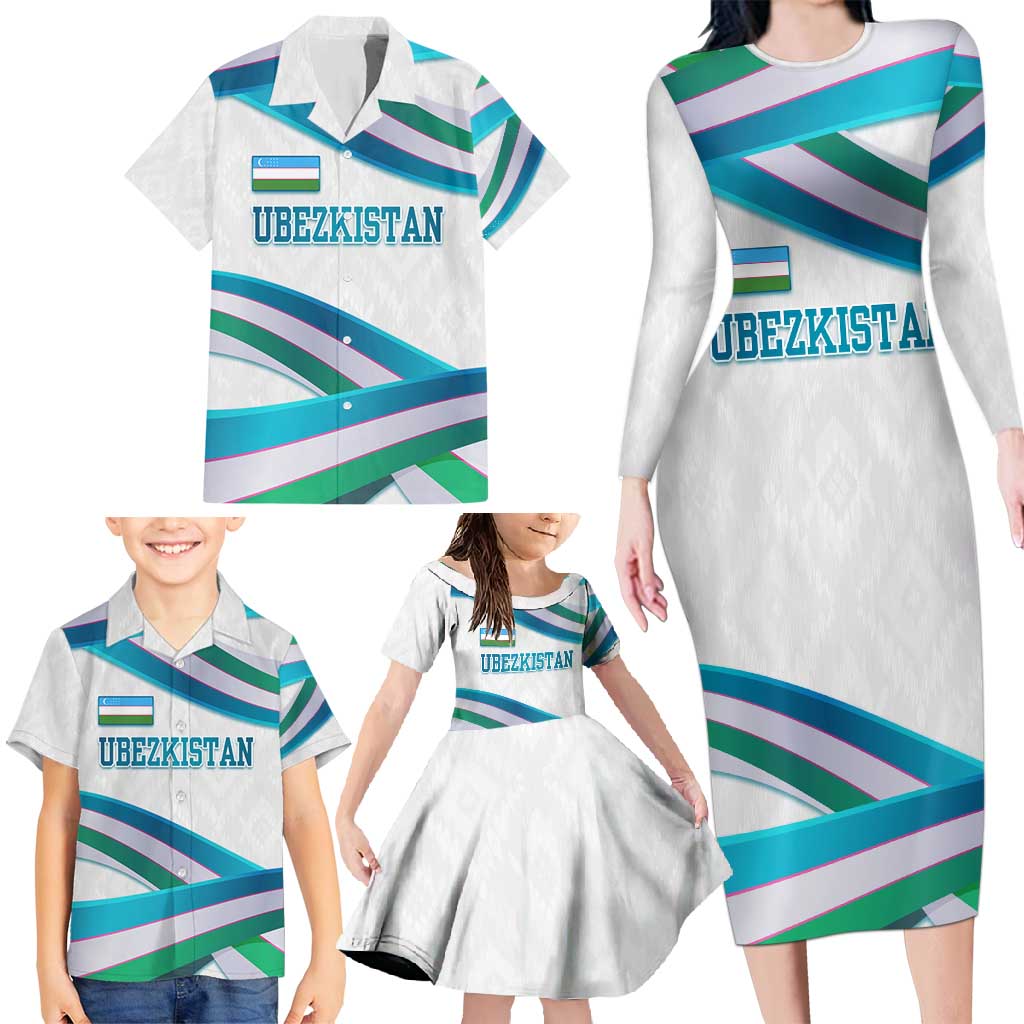 Uzbekistan Family Matching Long Sleeve Bodycon Dress and Hawaiian Shirt with Ribbon Wave Design - Wonder Print Shop