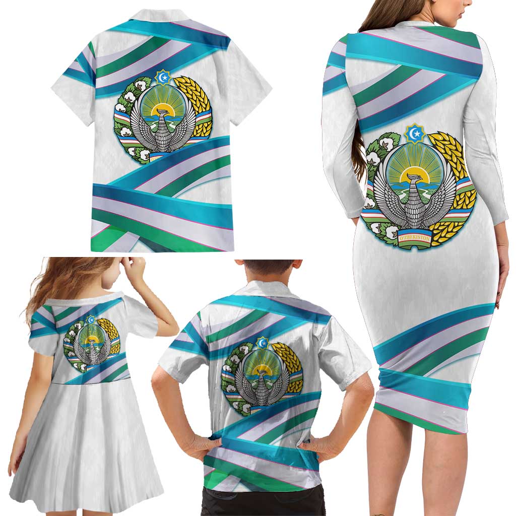 Uzbekistan Family Matching Long Sleeve Bodycon Dress and Hawaiian Shirt with Ribbon Wave Design - Wonder Print Shop