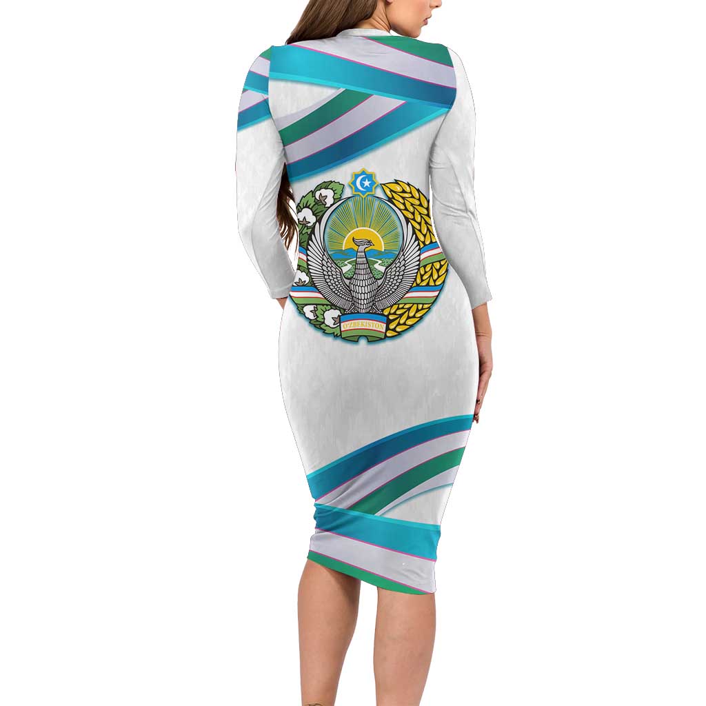 Uzbekistan Family Matching Long Sleeve Bodycon Dress and Hawaiian Shirt with Ribbon Wave Design - Wonder Print Shop