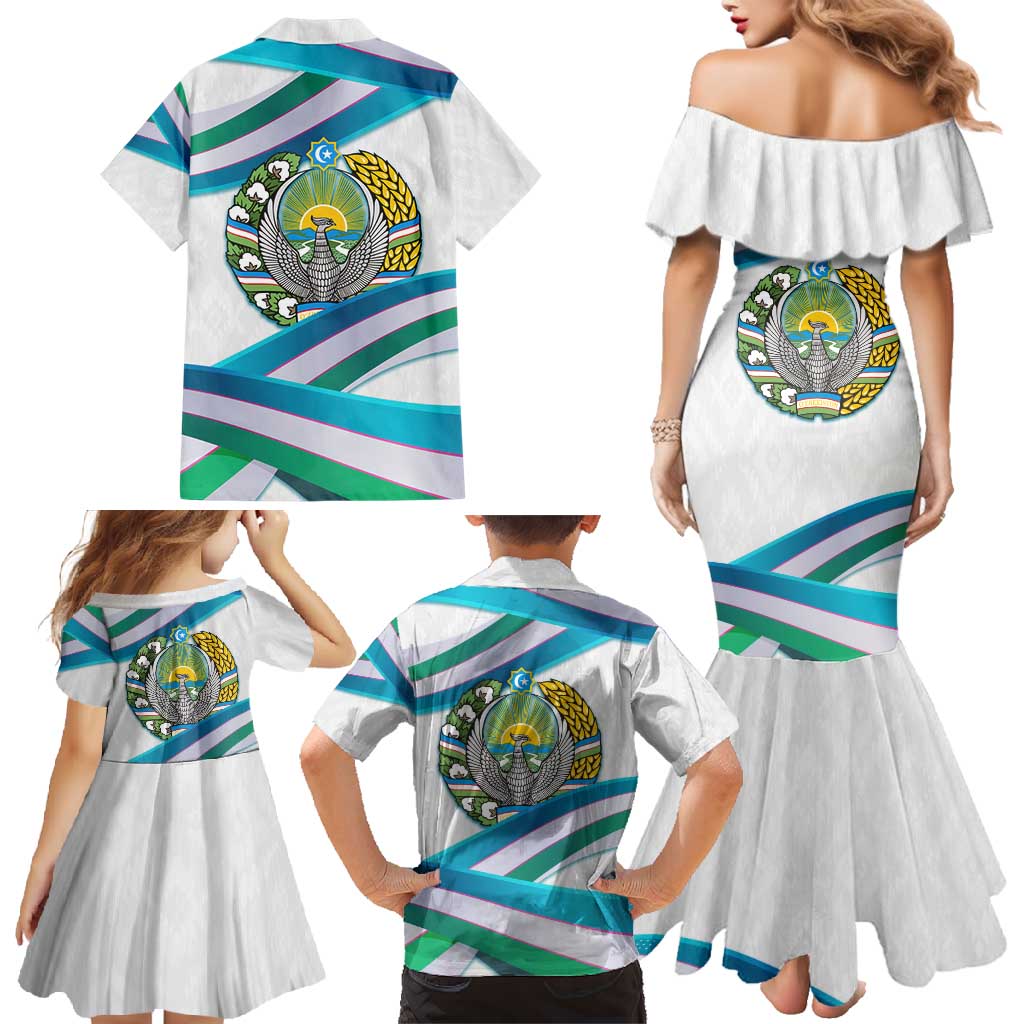 Uzbekistan Family Matching Mermaid Dress and Hawaiian Shirt with Ribbon Wave Design - Wonder Print Shop