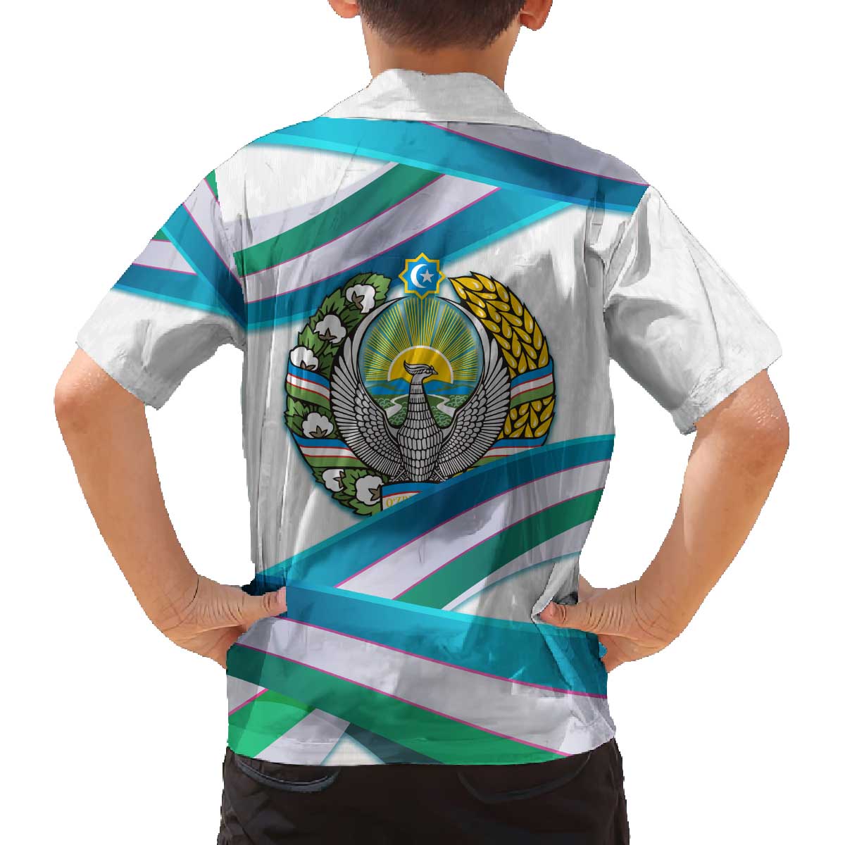 Uzbekistan Family Matching Off The Shoulder Long Sleeve Dress and Hawaiian Shirt with Ribbon Wave Design - Wonder Print Shop