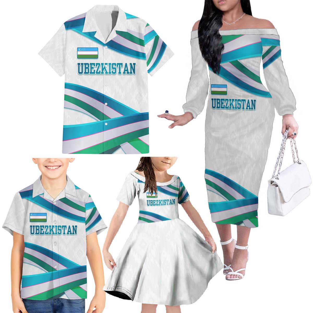 Uzbekistan Family Matching Off The Shoulder Long Sleeve Dress and Hawaiian Shirt with Ribbon Wave Design - Wonder Print Shop
