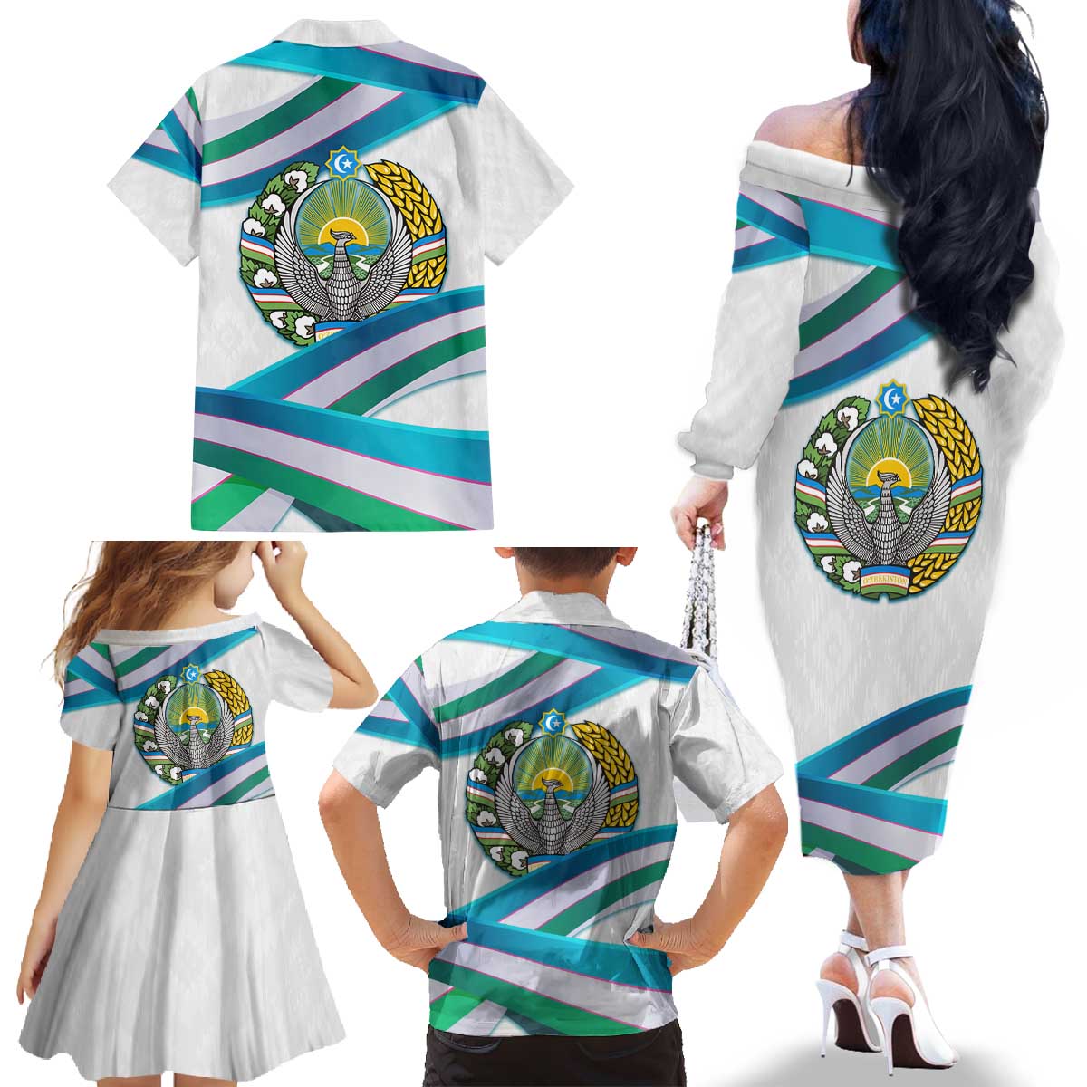 Uzbekistan Family Matching Off The Shoulder Long Sleeve Dress and Hawaiian Shirt with Ribbon Wave Design - Wonder Print Shop