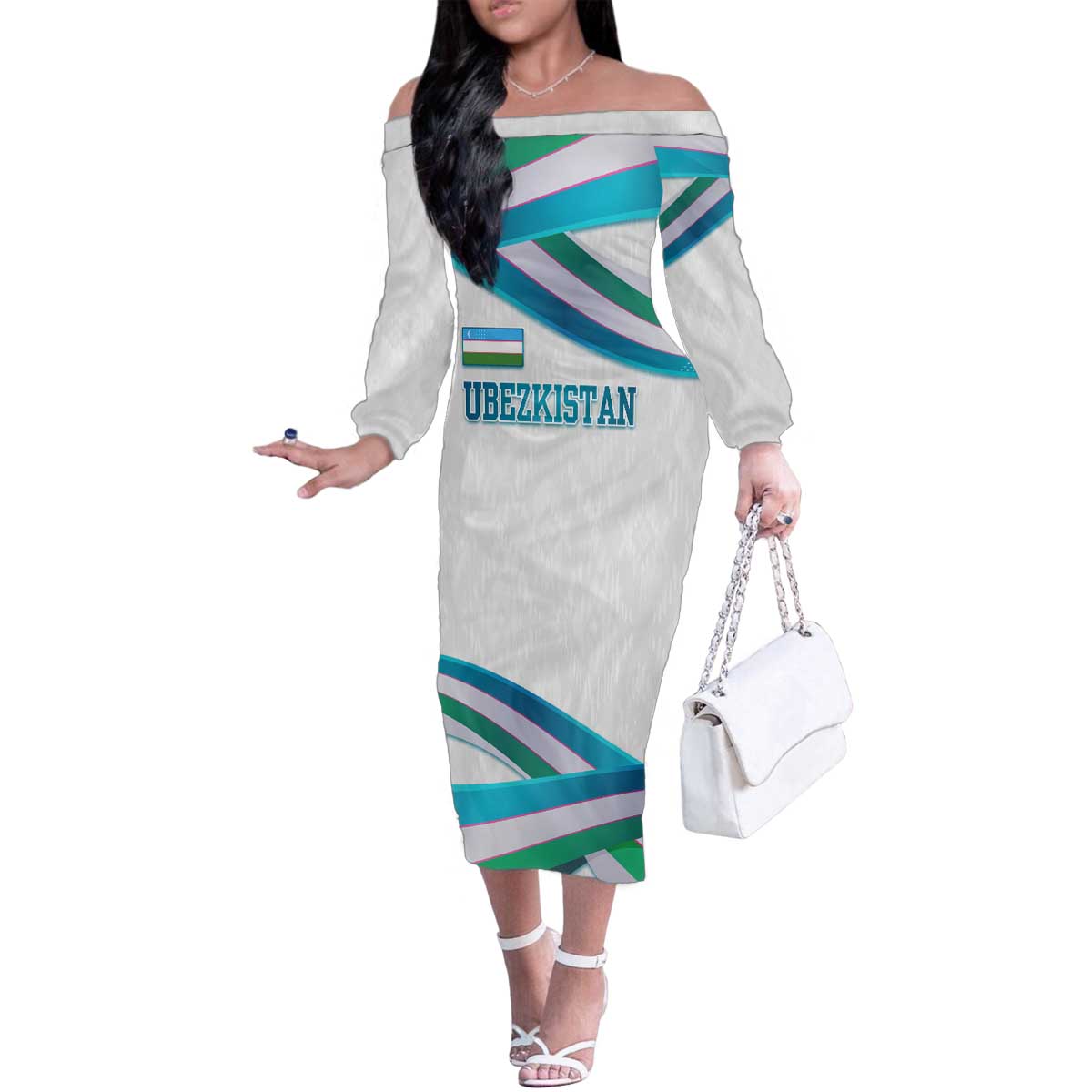 Uzbekistan Family Matching Off The Shoulder Long Sleeve Dress and Hawaiian Shirt with Ribbon Wave Design - Wonder Print Shop