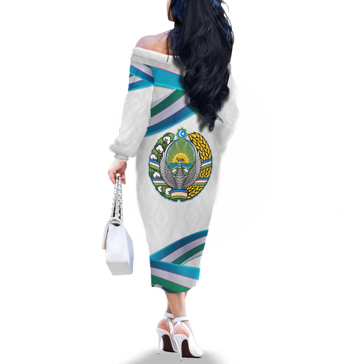 Uzbekistan Family Matching Off The Shoulder Long Sleeve Dress and Hawaiian Shirt with Ribbon Wave Design - Wonder Print Shop