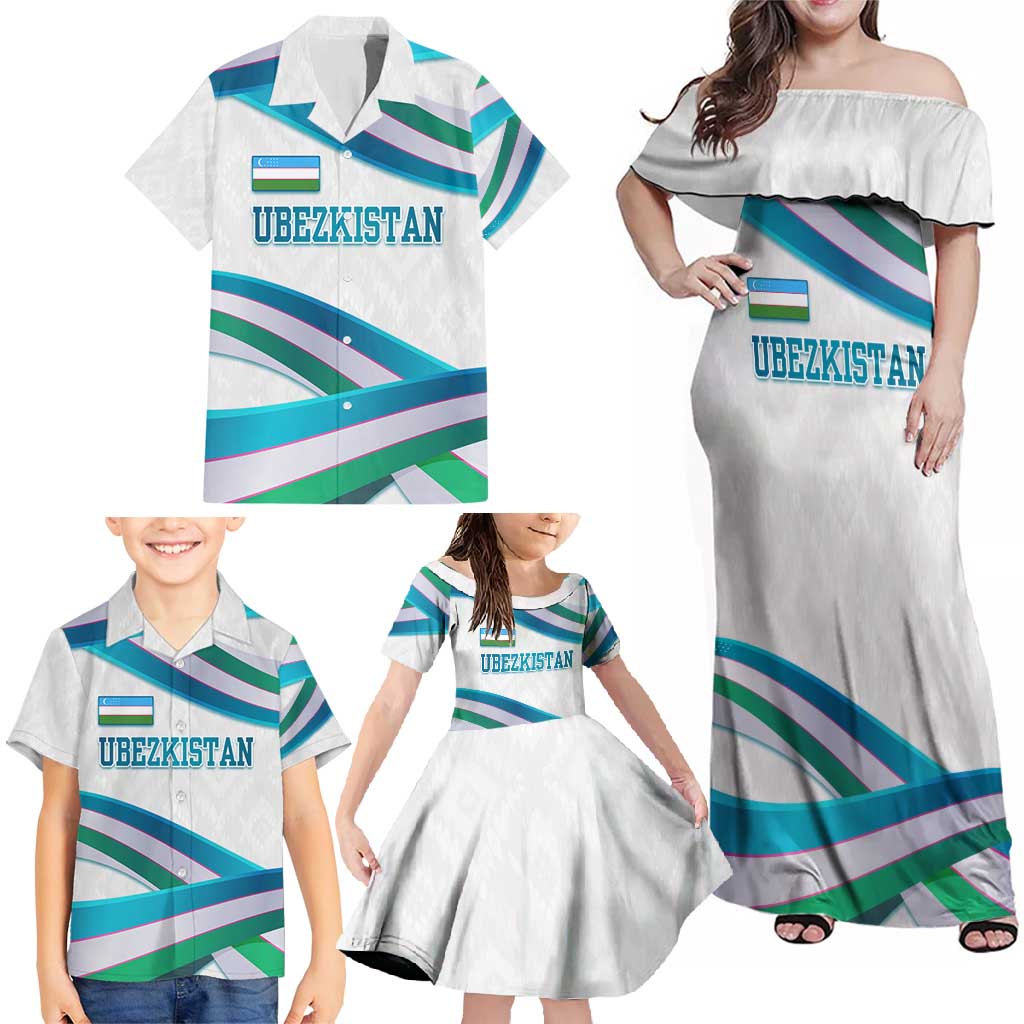Uzbekistan Family Matching Off Shoulder Maxi Dress and Hawaiian Shirt with Ribbon Wave Design - Wonder Print Shop