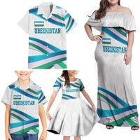 Uzbekistan Family Matching Off Shoulder Maxi Dress and Hawaiian Shirt with Ribbon Wave Design - Wonder Print Shop