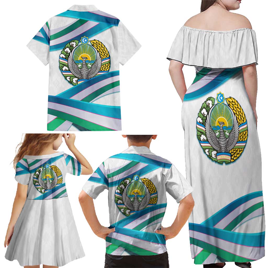 Uzbekistan Family Matching Off Shoulder Maxi Dress and Hawaiian Shirt with Ribbon Wave Design - Wonder Print Shop