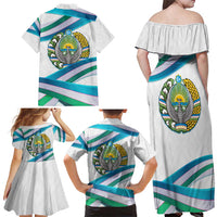 Uzbekistan Family Matching Off Shoulder Maxi Dress and Hawaiian Shirt with Ribbon Wave Design - Wonder Print Shop