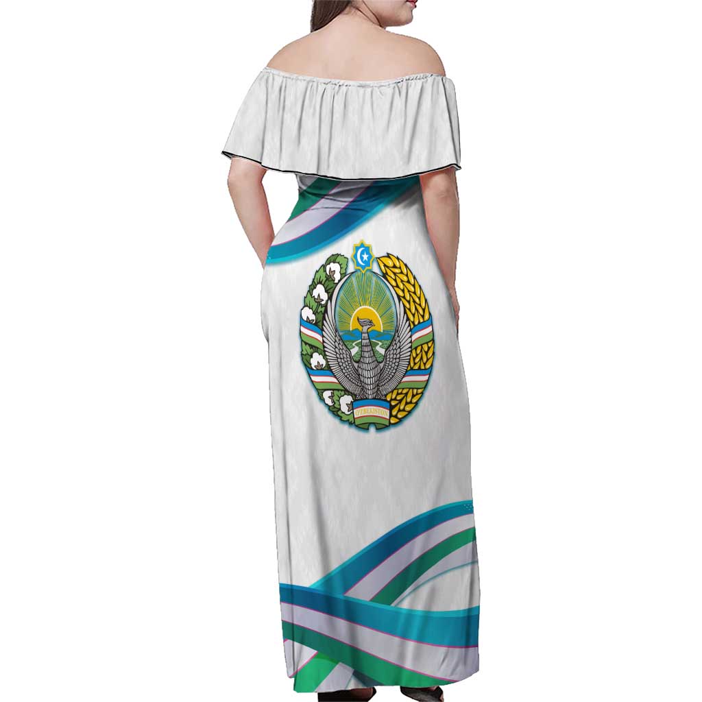 Uzbekistan Family Matching Off Shoulder Maxi Dress and Hawaiian Shirt with Ribbon Wave Design - Wonder Print Shop