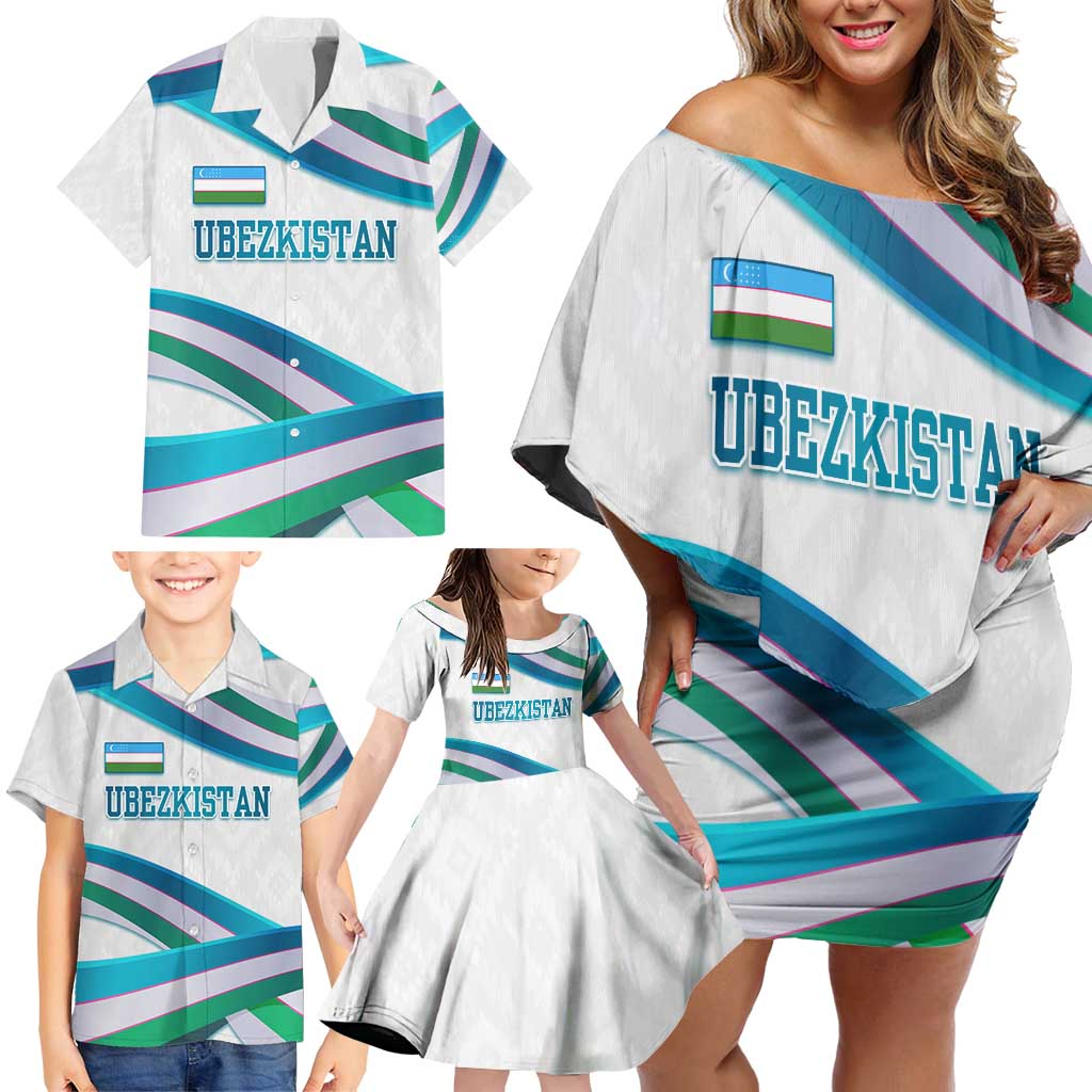 Uzbekistan Family Matching Off Shoulder Short Dress and Hawaiian Shirt with Ribbon Wave Design - Wonder Print Shop