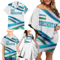 Uzbekistan Family Matching Off Shoulder Short Dress and Hawaiian Shirt with Ribbon Wave Design - Wonder Print Shop