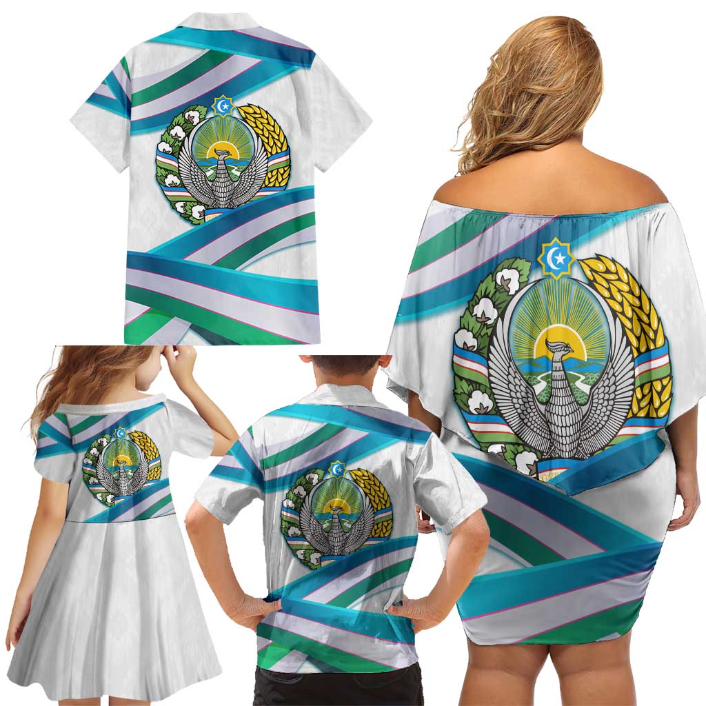 Uzbekistan Family Matching Off Shoulder Short Dress and Hawaiian Shirt with Ribbon Wave Design - Wonder Print Shop