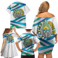 Uzbekistan Family Matching Off Shoulder Short Dress and Hawaiian Shirt with Ribbon Wave Design - Wonder Print Shop