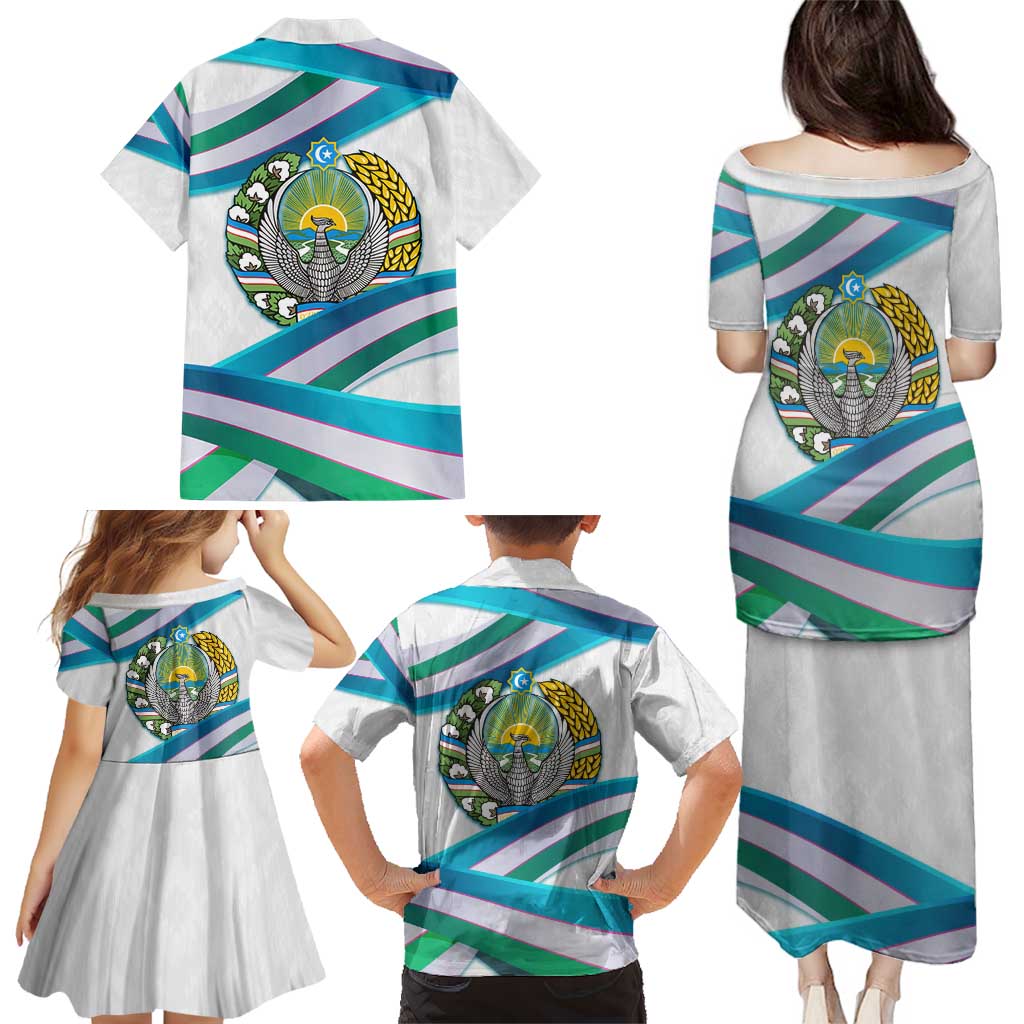 Uzbekistan Family Matching Puletasi and Hawaiian Shirt with Ribbon Wave Design - Wonder Print Shop