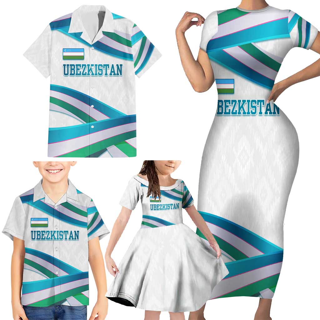 Uzbekistan Family Matching Short Sleeve Bodycon Dress and Hawaiian Shirt with Ribbon Wave Design - Wonder Print Shop
