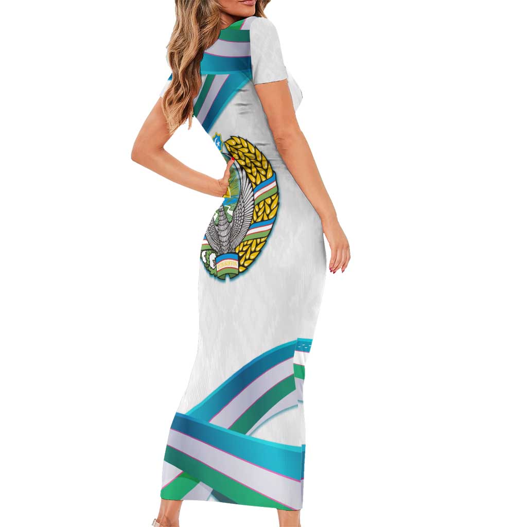 Uzbekistan Family Matching Short Sleeve Bodycon Dress and Hawaiian Shirt with Ribbon Wave Design - Wonder Print Shop