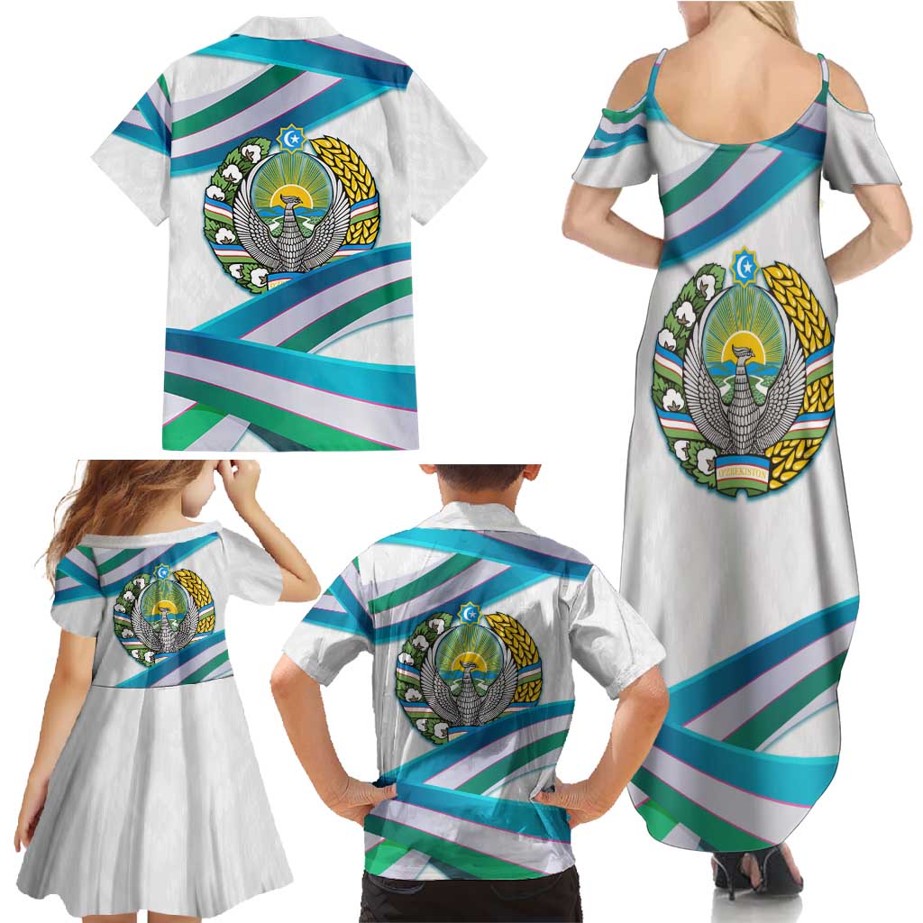 Uzbekistan Family Matching Summer Maxi Dress and Hawaiian Shirt with Ribbon Wave Design - Wonder Print Shop