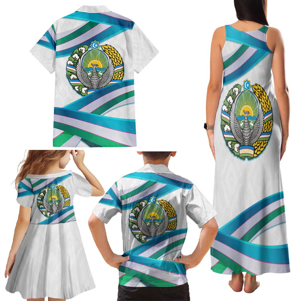 Uzbekistan Family Matching Tank Maxi Dress and Hawaiian Shirt with Ribbon Wave Design - Wonder Print Shop