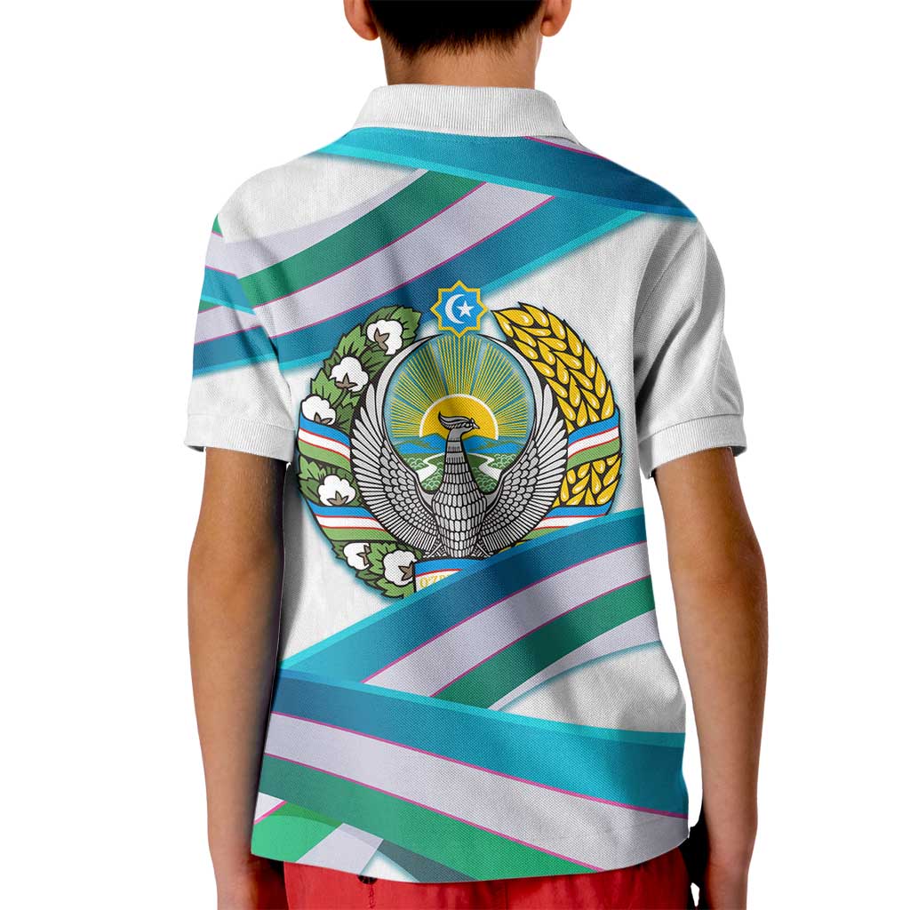 Uzbekistan Kid Polo Shirt with Ribbon Wave Design - Wonder Print Shop