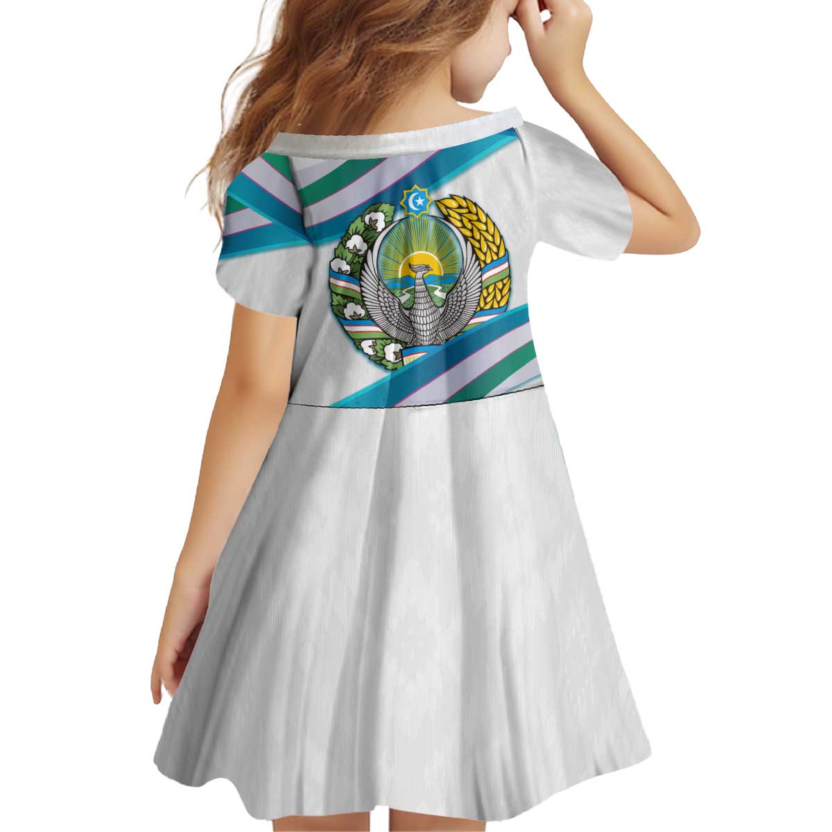 Uzbekistan Kid Short Sleeve Dress with Ribbon Wave Design - Wonder Print Shop